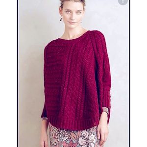 ANTHROPOLOGIE ANGEL OF THE NORTH CABLE KNIT PONCHO MAROON SWEATER SZ LARGE